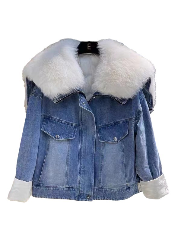 OC468M36 Winter Women's Down Jacket Denim Long Sleeved Jacket Fashionable Style of Fox Collar White Goose Down Fur