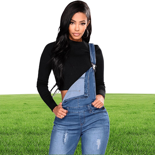 New Women Denim Overalls Ripped Stretch Dungarees High Waist Long Jeans Pencil Pants Rompers Jumpsuit Blue Jeans Jumpsuits j1