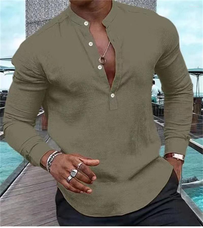 Men's Casual Shirts Fashion High Quality Shirt Henry Solid Half Open Button Standing Neck Muscle Street Top S-3Xl B4