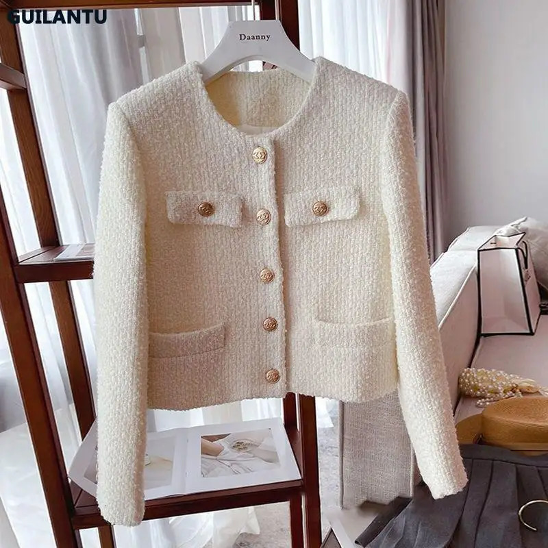 Spring Autumn Korean Y2k Chic Female Tweed Basic Jacket Coat Women Clothing O Neck Long Sleeve Woolen Short Outerwear 240118