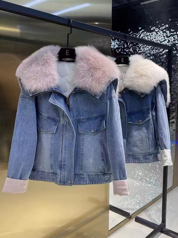 OC468M36 Winter Women's Down Jacket Denim Long Sleeved Jacket Fashionable Style of Fox Collar White Goose Down Fur