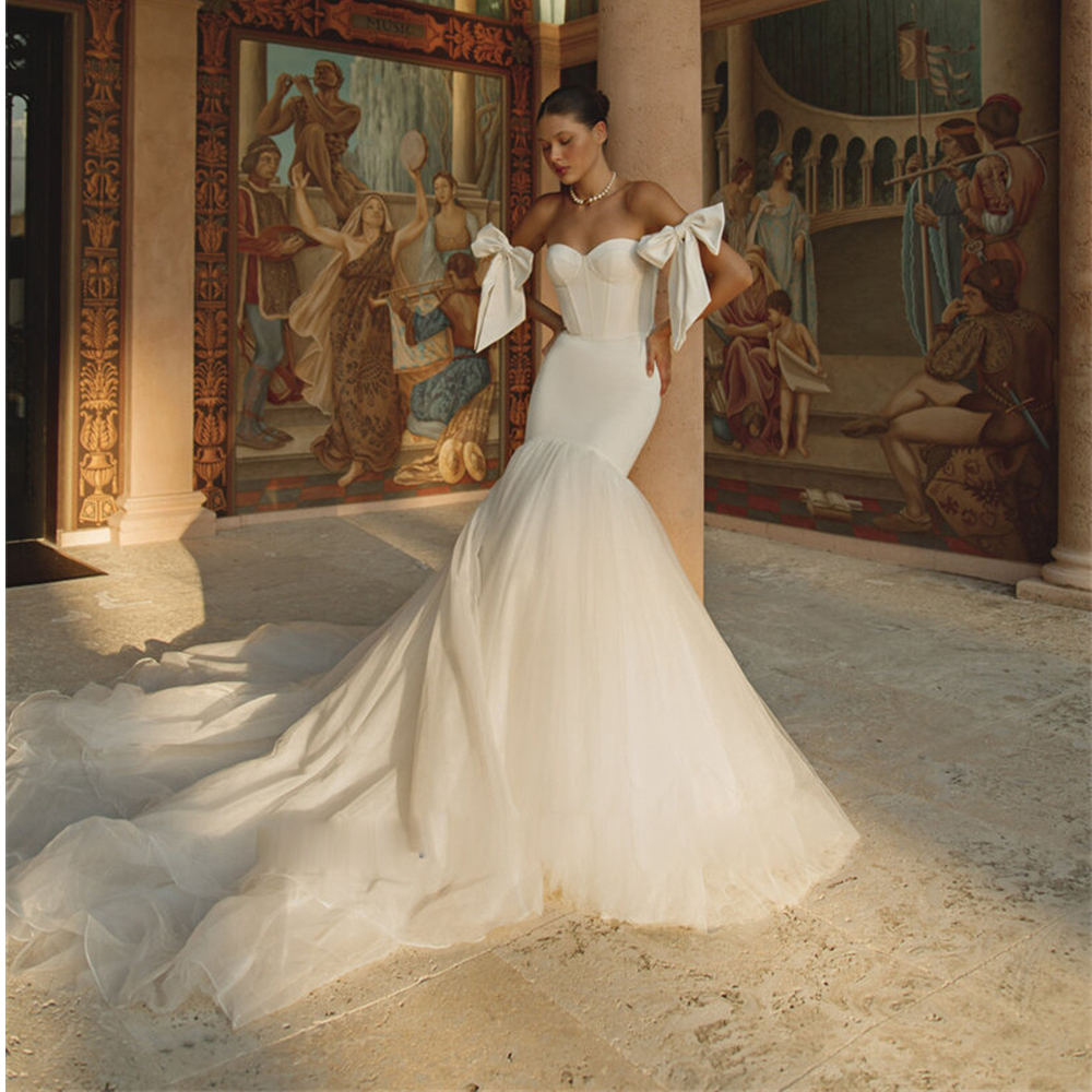 Dresses for Women Bow Sleeveless Mermaid Wedding Dress 2024 Sweetheart Sweep Train Satin robe de mariee 0516