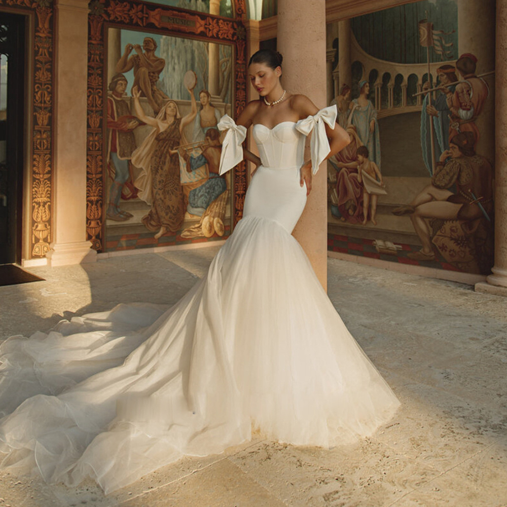 Dresses for Women Bow Sleeveless Mermaid Wedding Dress 2024 Sweetheart Sweep Train Satin robe de mariee 0516