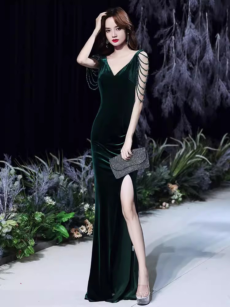 Fishtail Evening Dress for high-end Elegant Women Annual Banquet Temperament Velvet Aura Queen Prom Gown