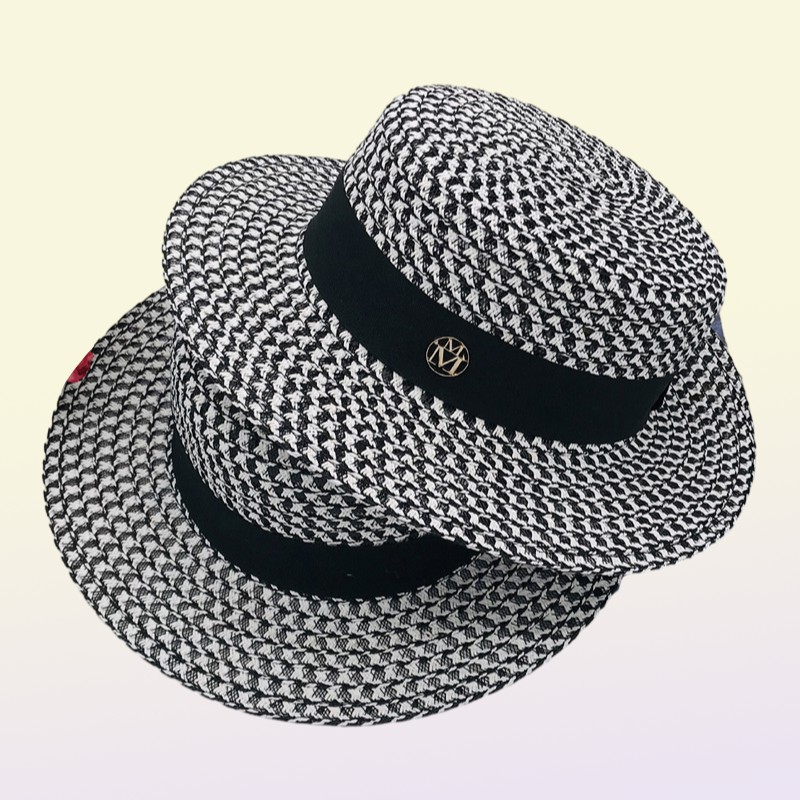 Highgrade Summer Black White Plaid Wide Brim Flat Top Boater Hat Spring Women Grass Braid Sun Hat Party Wedding Formal Cap