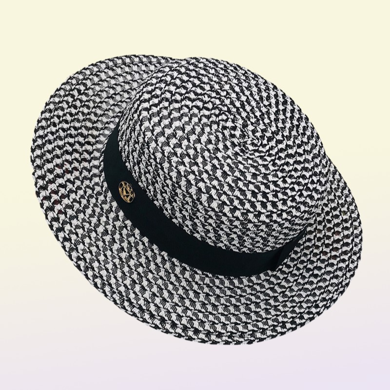 Highgrade Summer Black White Plaid Wide Brim Flat Top Boater Hat Spring Women Grass Braid Sun Hat Party Wedding Formal Cap