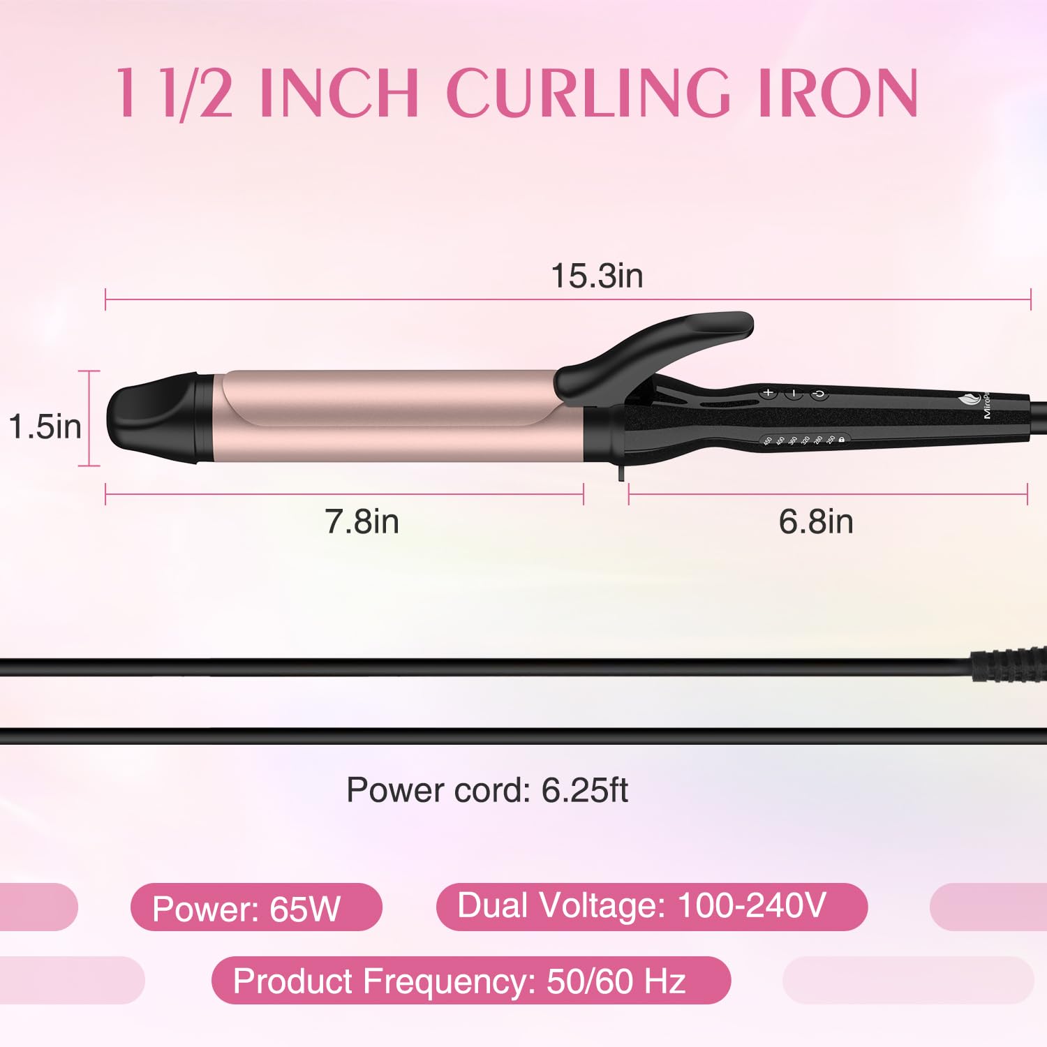 MiroPure Curling Iron, Hair Curling Iron with Ceramic Coating, Professional Curling Wand, Fast Heating up to 450°F, Wide Voltage for Worldwide