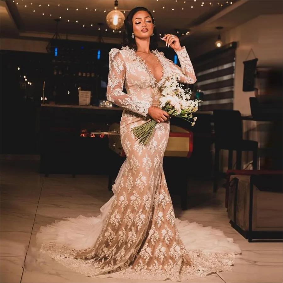 Fulllace Mermaid Wedding Dresses 2024 Sheer Neck Long Sleeve Pearls Wedding Gown Ruffles Tier Detachable Train Wedding Dress for Bride