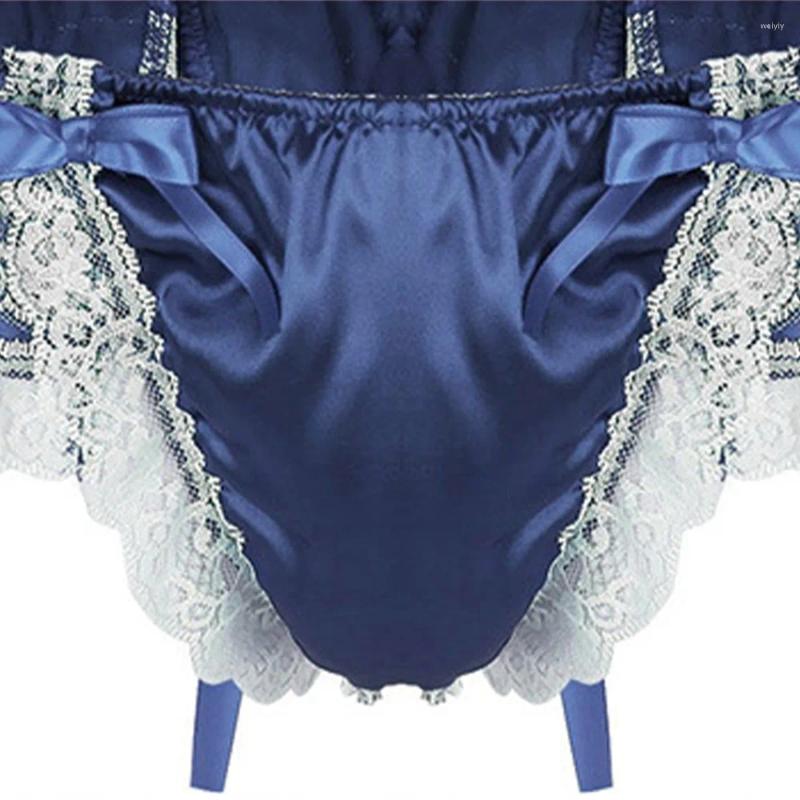 Underpants Men Lace See-Through Sissy Panties Sexy Satin G-String Thong U Convex For Man Briefs Breathable Gay Bikini Underwear