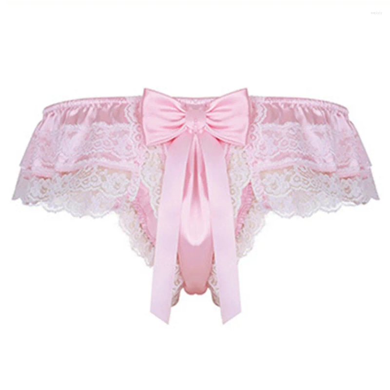 Underpants Men Lace See-Through Sissy Panties Sexy Satin G-String Thong U Convex For Man Briefs Breathable Gay Bikini Underwear