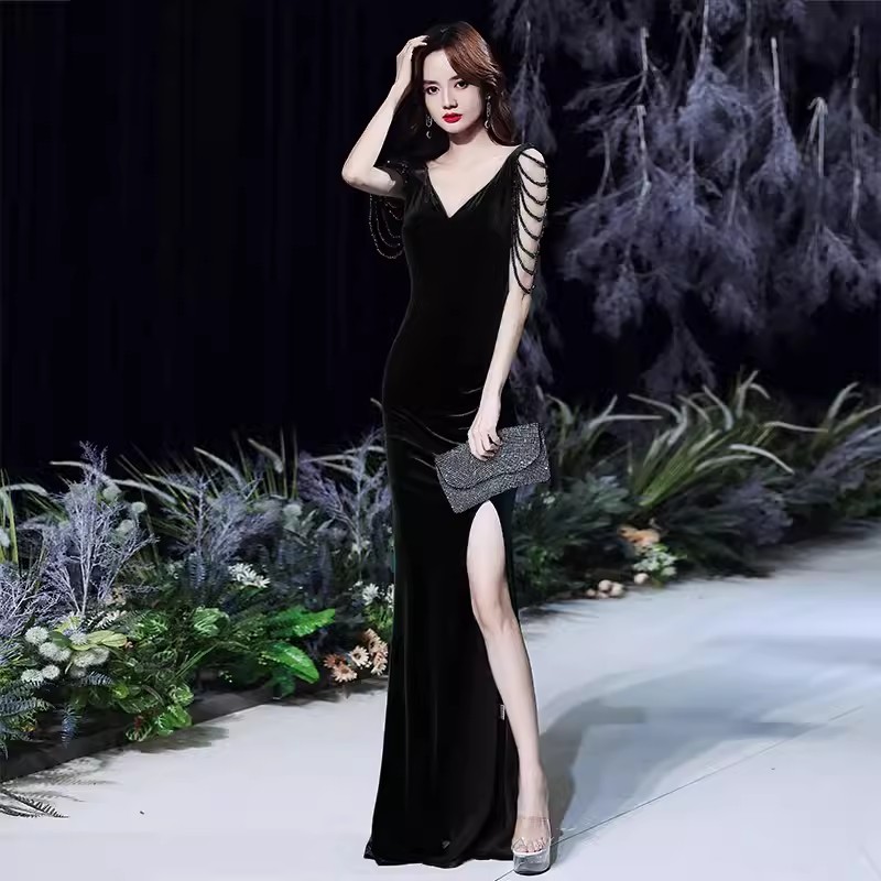 Fishtail Evening Dress for high-end Elegant Women Annual Banquet Temperament Velvet Aura Queen Prom Gown