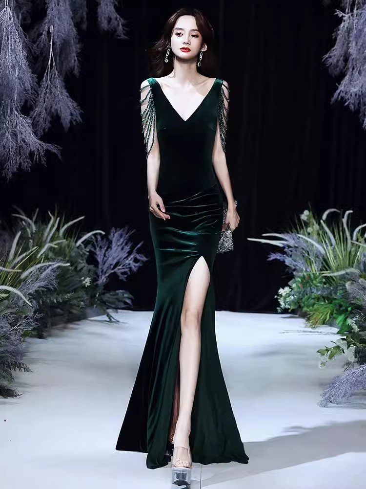 Fishtail Evening Dress for high-end Elegant Women Annual Banquet Temperament Velvet Aura Queen Prom Gown