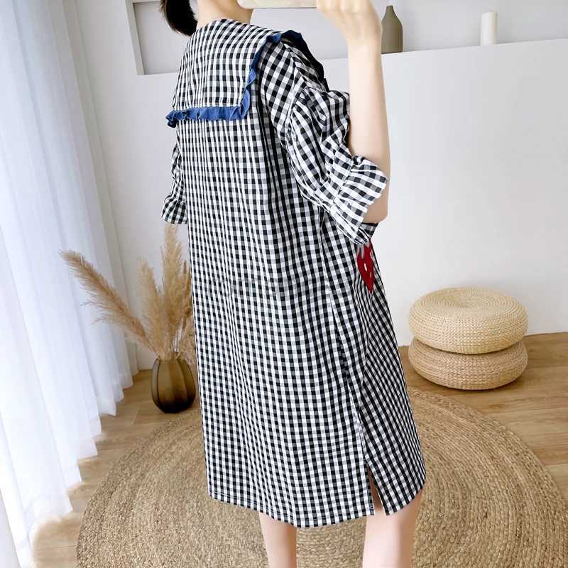 Sleep Lounge Summer Sweet Pregnant Women Pajamas Dress with Short Sleeves Bowknot Turn-Down Collar Fashion Maternity A-Line Plaid Dress Cutez240119