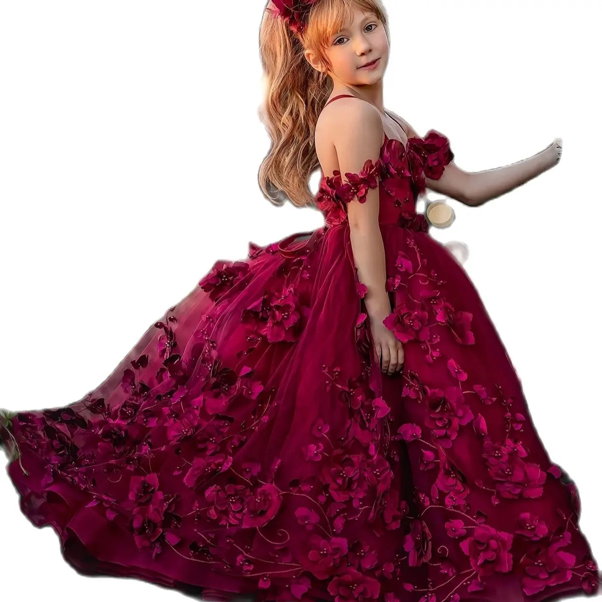 Red Lace Flower Girl Dresses For Wedding 3D Floral Appliques Ball Gown Toddler Pageant Gowns Flowers Floor Length First Communion Dress