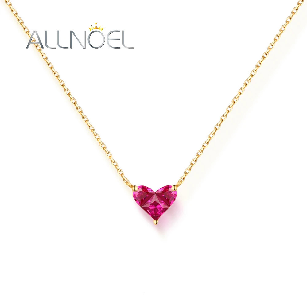 ANLLNOEL Solid 18K Gold Necklace For Women Red Corundum Heart Sweet Romance Anniversary Gifts K Gold Jewelry 9K 14K Gold Pendant 240119
