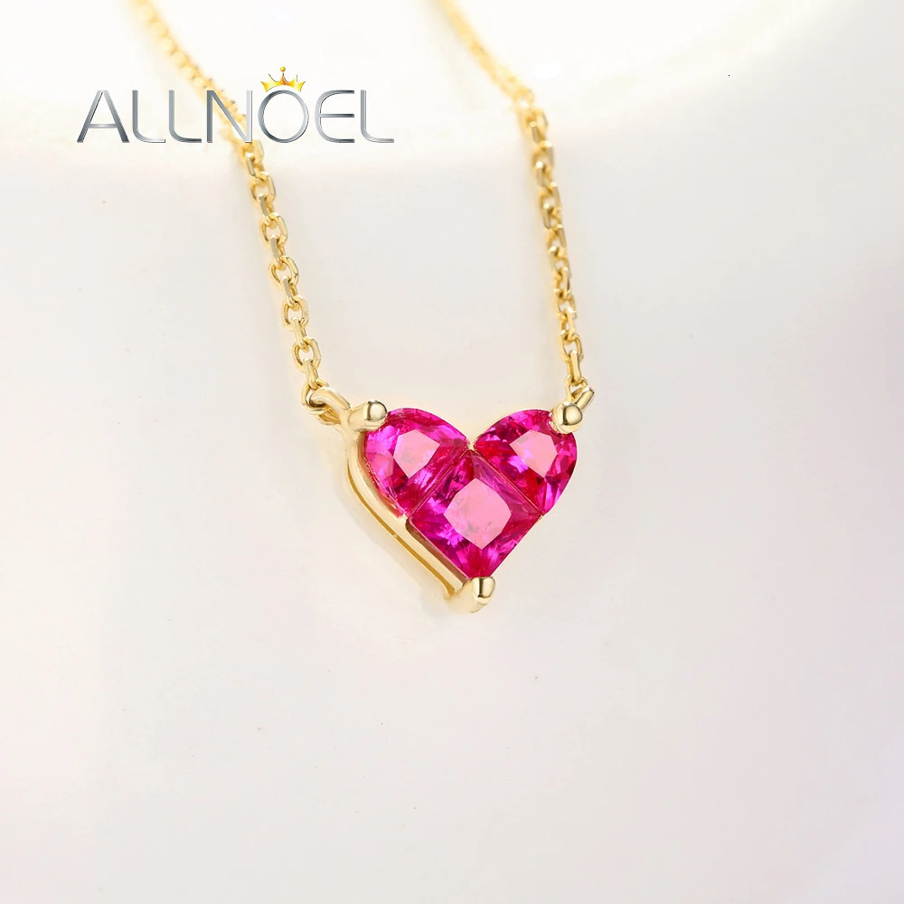 ANLLNOEL Solid 18K Gold Necklace For Women Red Corundum Heart Sweet Romance Anniversary Gifts K Gold Jewelry 9K 14K Gold Pendant 240119