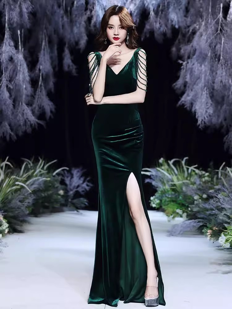 Fishtail Evening Dress for high-end Elegant Women Annual Banquet Temperament Velvet Aura Queen Prom Gown