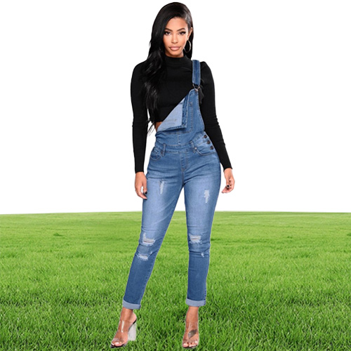 New Women Denim Overalls Ripped Stretch Dungarees High Waist Long Jeans Pencil Pants Rompers Jumpsuit Blue Jeans Jumpsuits j1