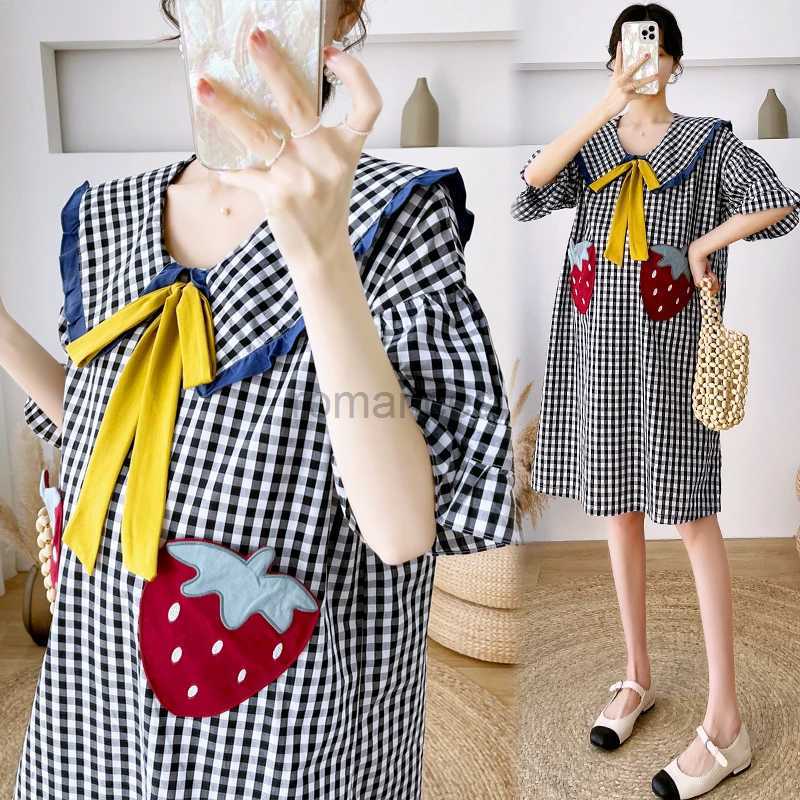 Sleep Lounge Summer Sweet Pregnant Women Pajamas Dress with Short Sleeves Bowknot Turn-Down Collar Fashion Maternity A-Line Plaid Dress Cutez240119