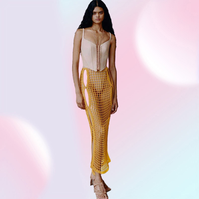 ANJAMANOR Sexy Crochet Knitted Long Skirts Summer Vacation Outfits Beach Club Wear Hollow Out Split Maxi Skirt Yellow D83DC17 Y08