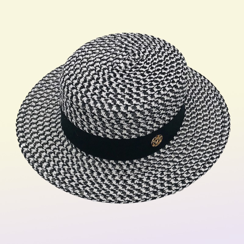 Highgrade Summer Black White Plaid Wide Brim Flat Top Boater Hat Spring Women Grass Braid Sun Hat Party Wedding Formal Cap