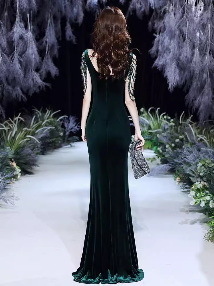 Fishtail Evening Dress for high-end Elegant Women Annual Banquet Temperament Velvet Aura Queen Prom Gown