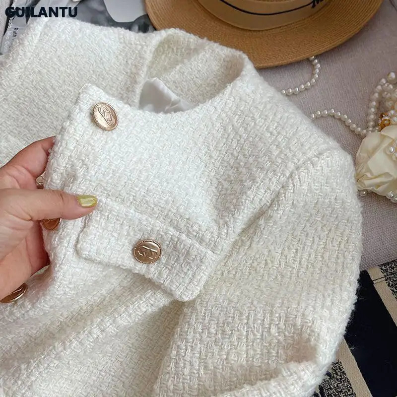 Spring Autumn Korean Y2k Chic Female Tweed Basic Jacket Coat Women Clothing O Neck Long Sleeve Woolen Short Outerwear 240118