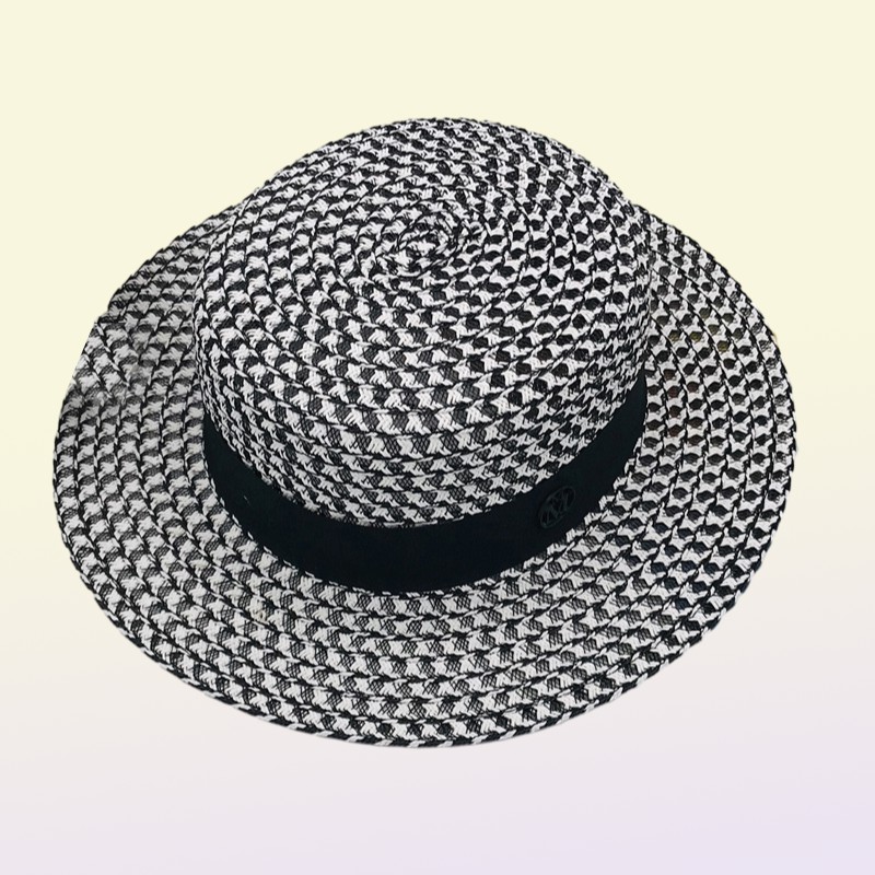 Highgrade Summer Black White Plaid Wide Brim Flat Top Boater Hat Spring Women Grass Braid Sun Hat Party Wedding Formal Cap