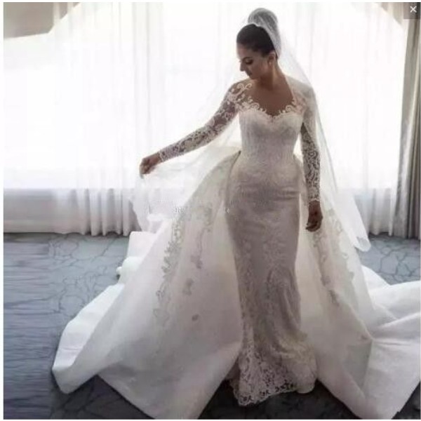 Lace Mermaid sheer illusion Wedding Dresses Sheer Neck Long Sleeves Appliques bow Saudi Arabic bridal Gowns With Detachable Train buttons Bridal Dress