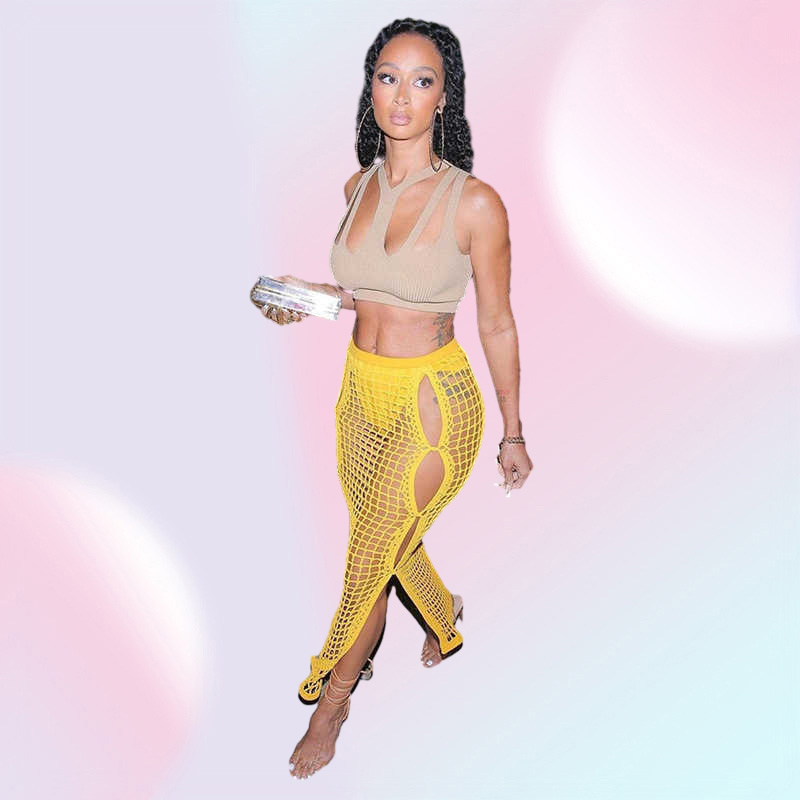 ANJAMANOR Sexy Crochet Knitted Long Skirts Summer Vacation Outfits Beach Club Wear Hollow Out Split Maxi Skirt Yellow D83DC17 Y08