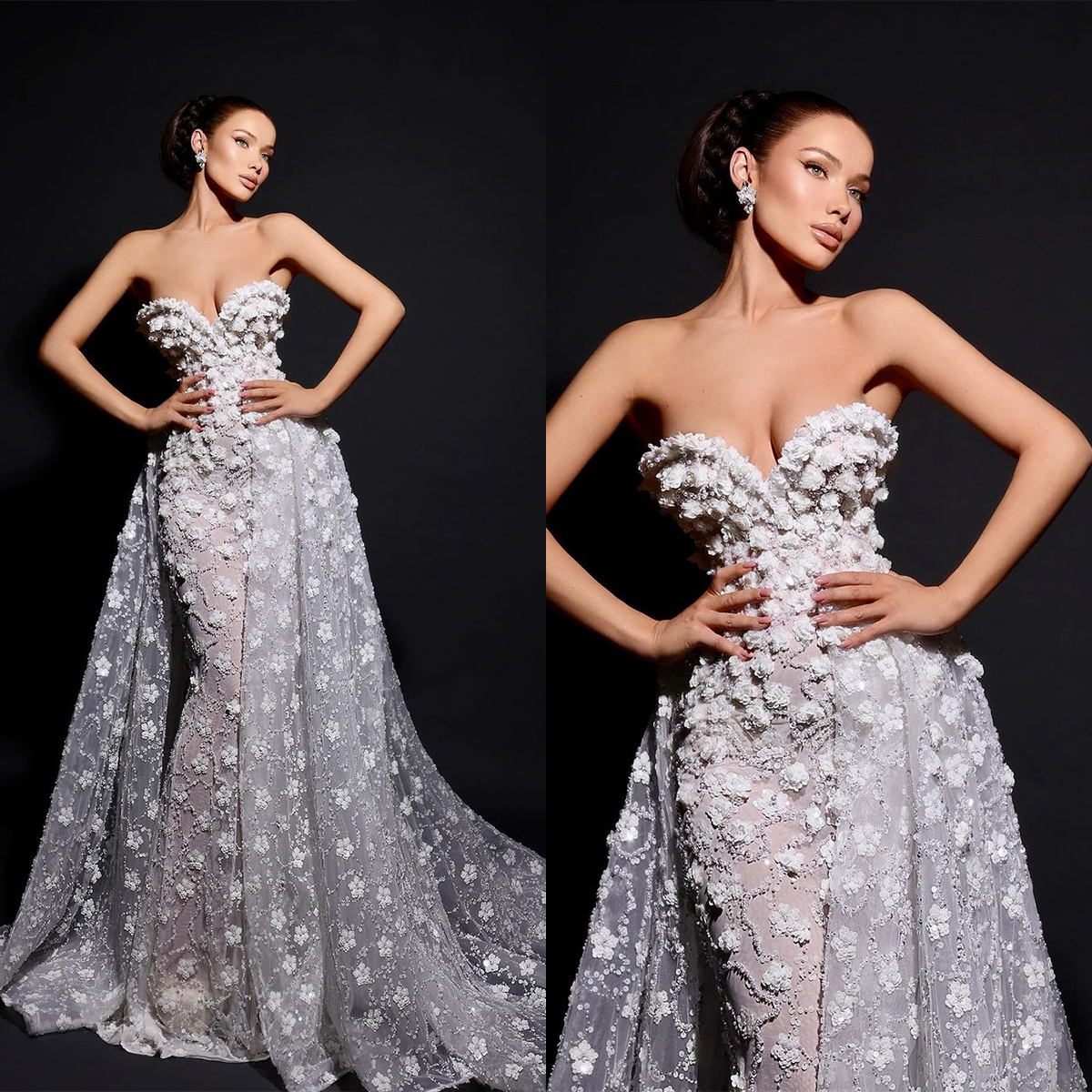 Luxury Beaded Pearls Mermaid Wedding Dress 3D-Floral Appliques Bridal Gowns Detachable Train Sweep Floor Length Bride Dresses
