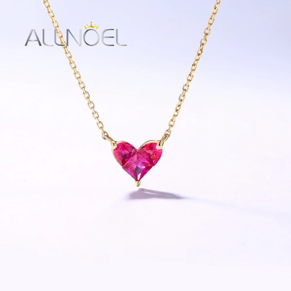 ANLLNOEL Solid 18K Gold Necklace For Women Red Corundum Heart Sweet Romance Anniversary Gifts K Gold Jewelry 9K 14K Gold Pendant 240119