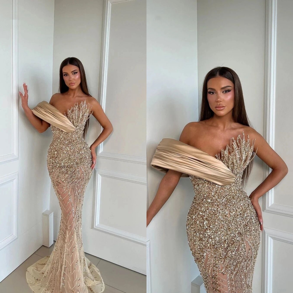 Glamorous Crystal Evening Dresses Beaded Off Shoulder Mermaid Prom Gowns Sequins Illusion Party Dresses Custom Made