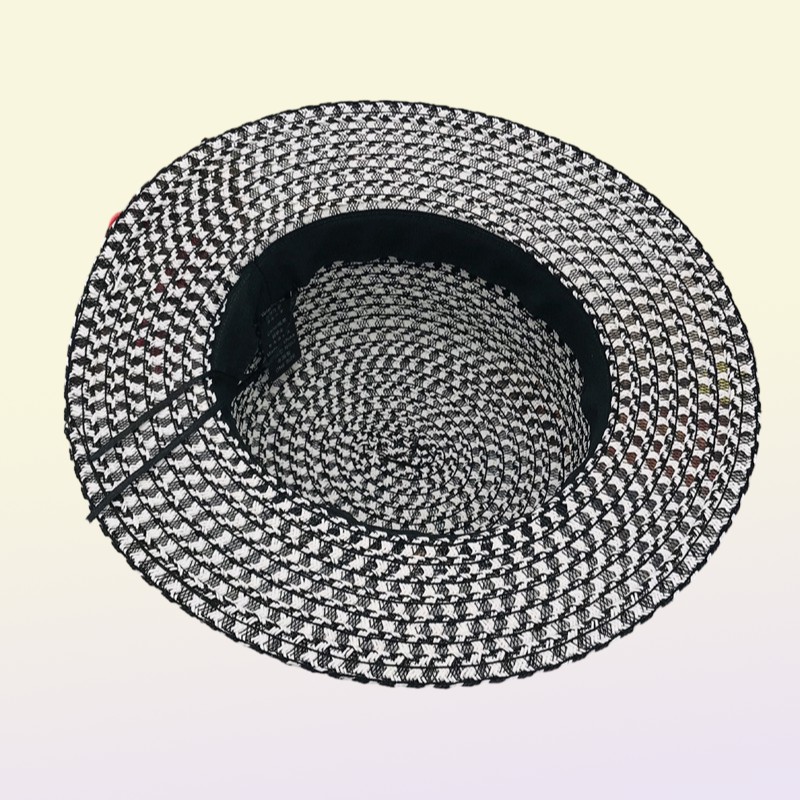 Highgrade Summer Black White Plaid Wide Brim Flat Top Boater Hat Spring Women Grass Braid Sun Hat Party Wedding Formal Cap