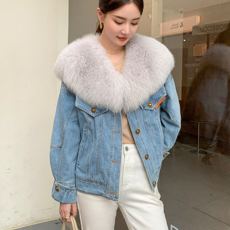 OC468M36 Winter Women's Down Jacket Denim Long Sleeved Jacket Fashionable Style of Fox Collar White Goose Down Fur