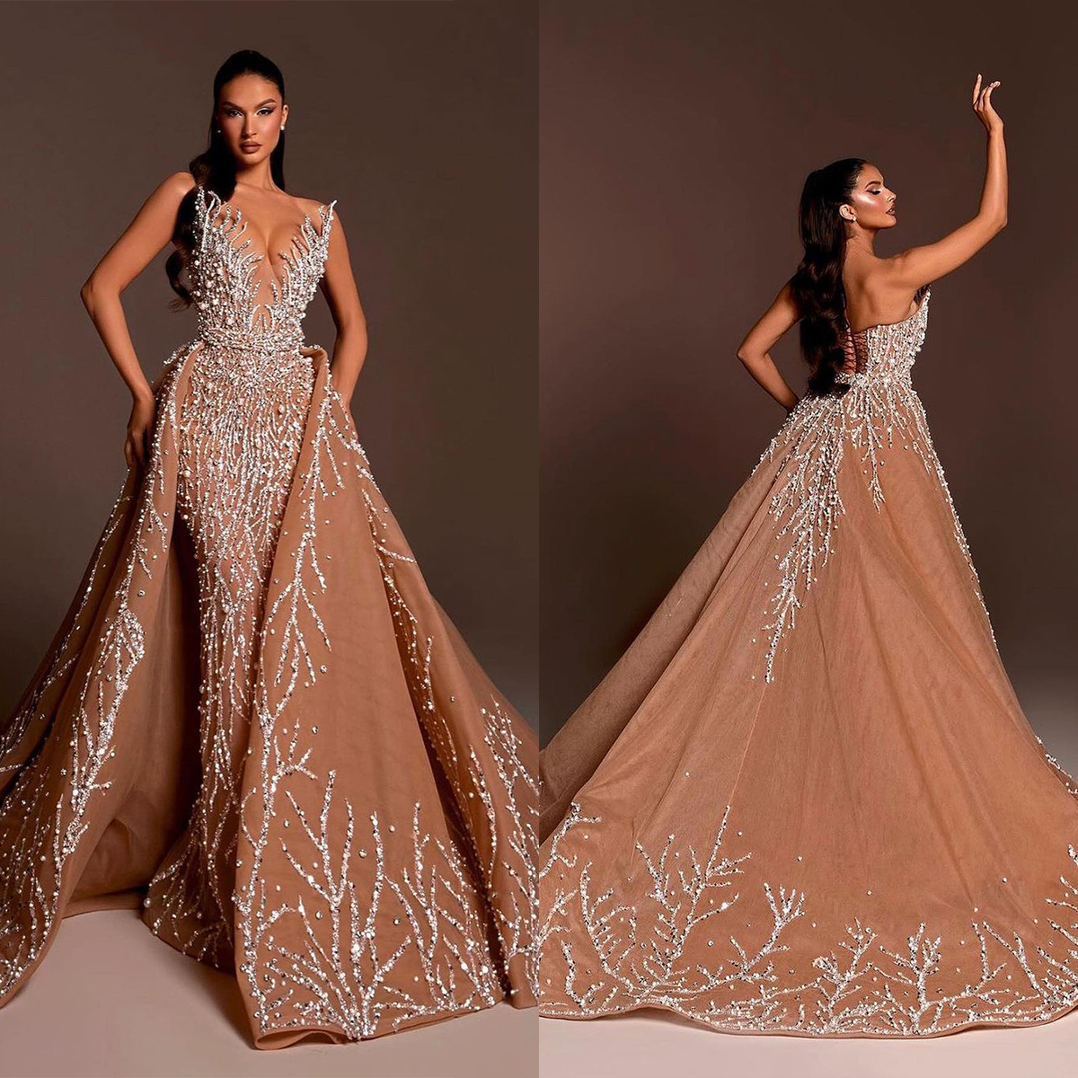 Romantic Pearls Mermaid Wedding Dress Detachable Train Strapless Bridal Gowns Lace Up Sequins Sleeveless Sweep Floor Length Bride Dresses