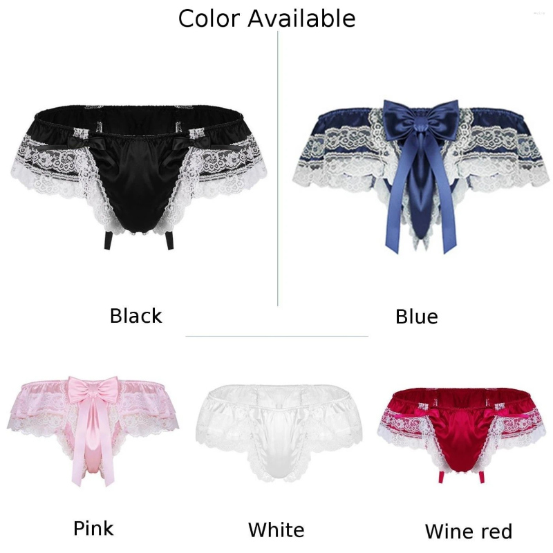 Underpants Men Lace See-Through Sissy Panties Sexy Satin G-String Thong U Convex For Man Briefs Breathable Gay Bikini Underwear
