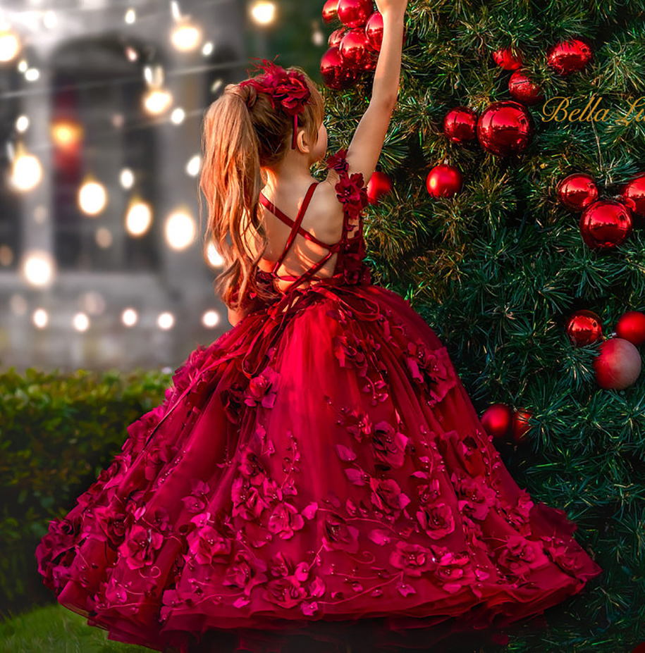 Red Lace Flower Girl Dresses For Wedding 3D Floral Appliques Ball Gown Toddler Pageant Gowns Flowers Floor Length First Communion Dress