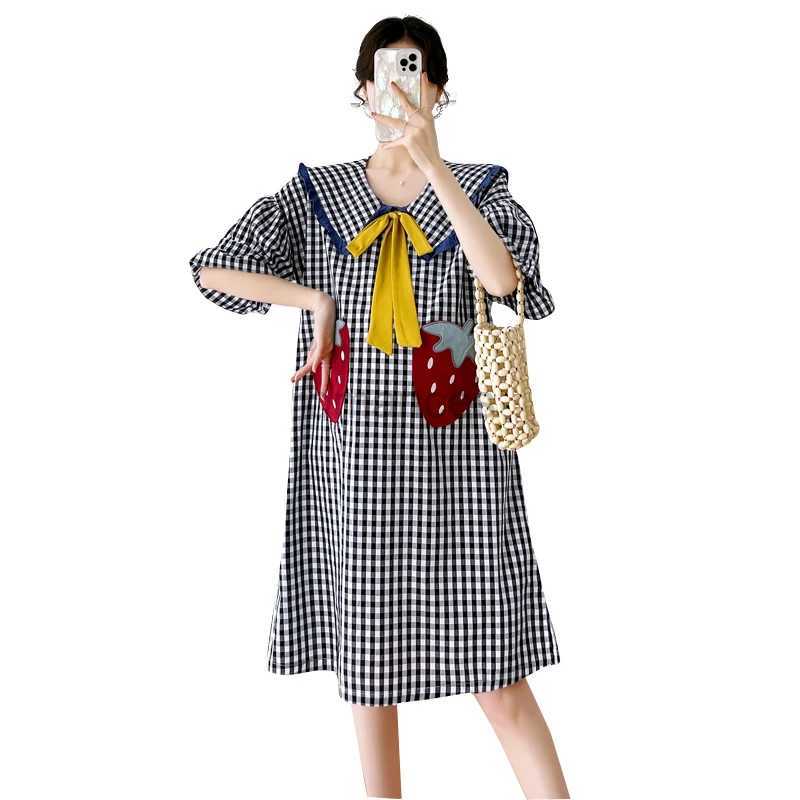 Sleep Lounge Summer Sweet Pregnant Women Pajamas Dress with Short Sleeves Bowknot Turn-Down Collar Fashion Maternity A-Line Plaid Dress Cutez240119