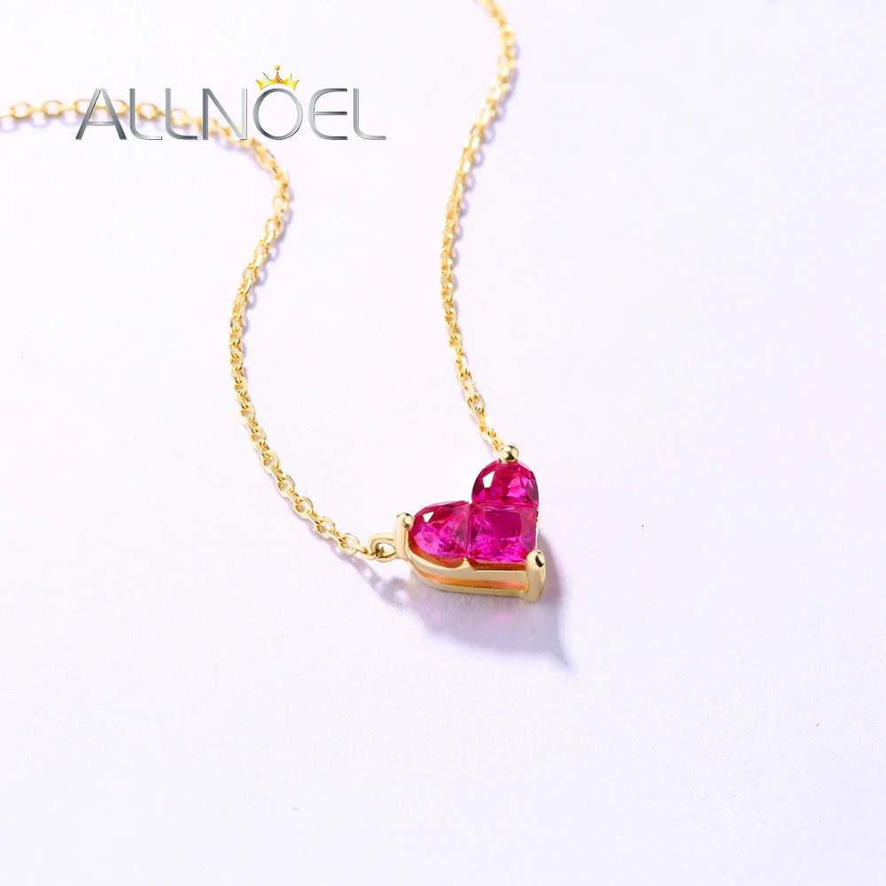 ANLLNOEL Solid 18K Gold Necklace For Women Red Corundum Heart Sweet Romance Anniversary Gifts K Gold Jewelry 9K 14K Gold Pendant 240119