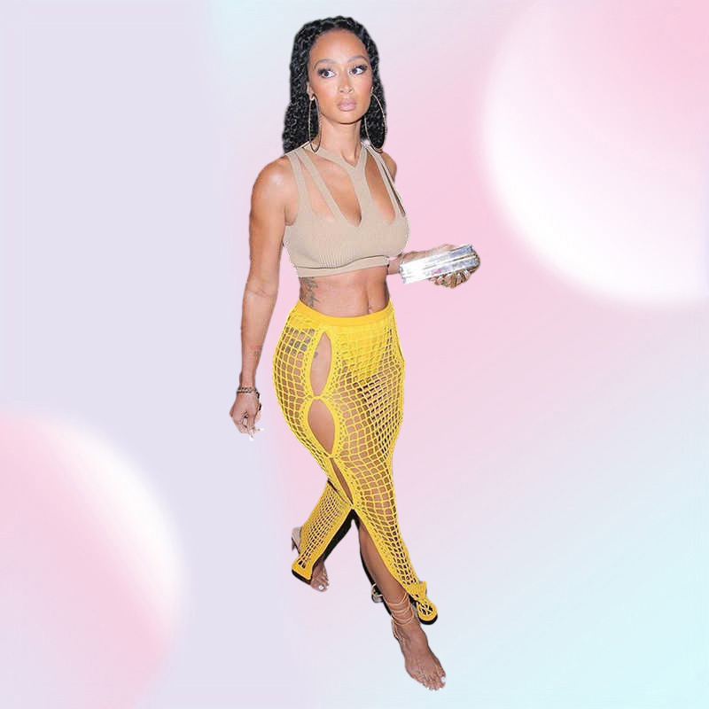 ANJAMANOR Sexy Crochet Knitted Long Skirts Summer Vacation Outfits Beach Club Wear Hollow Out Split Maxi Skirt Yellow D83DC17 Y08