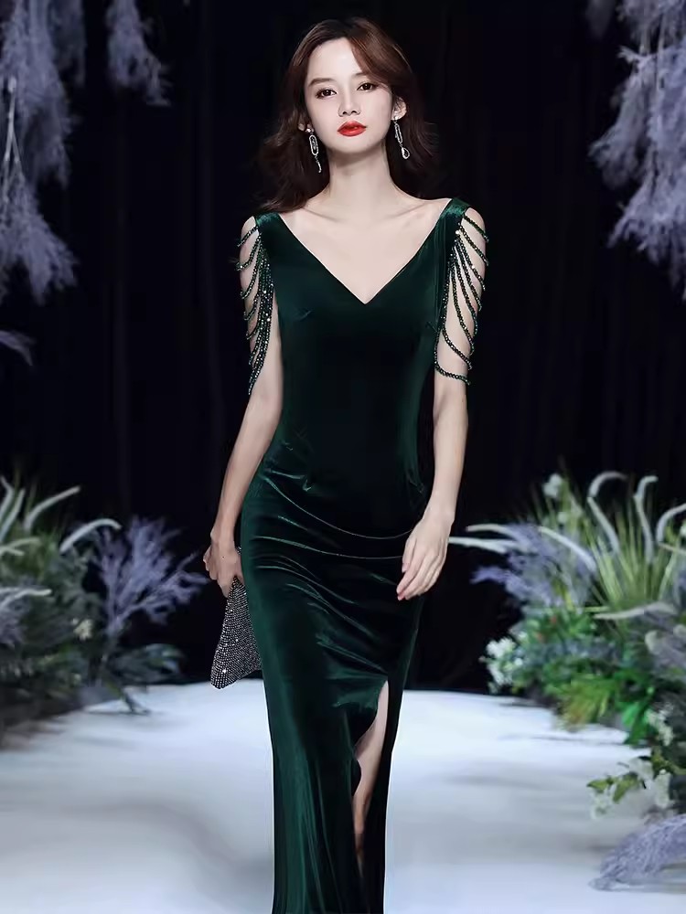 Fishtail Evening Dress for high-end Elegant Women Annual Banquet Temperament Velvet Aura Queen Prom Gown