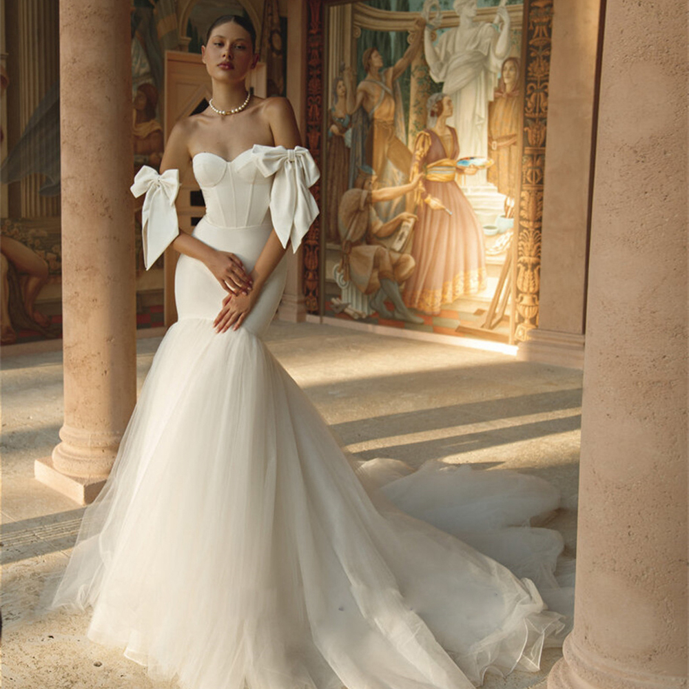 Dresses for Women Bow Sleeveless Mermaid Wedding Dress 2024 Sweetheart Sweep Train Satin robe de mariee 0516