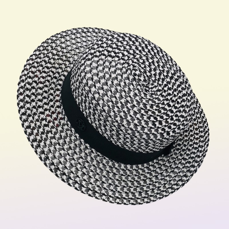 Highgrade Summer Black White Plaid Wide Brim Flat Top Boater Hat Spring Women Grass Braid Sun Hat Party Wedding Formal Cap