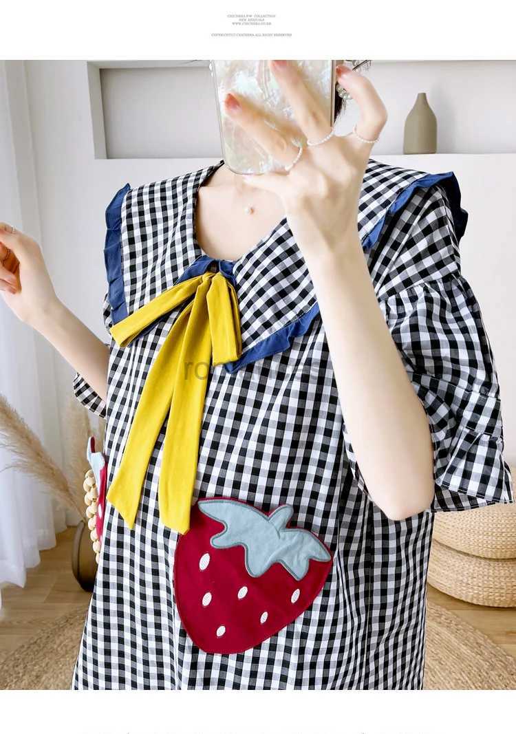 Sleep Lounge Summer Sweet Pregnant Women Pajamas Dress with Short Sleeves Bowknot Turn-Down Collar Fashion Maternity A-Line Plaid Dress Cutez240119