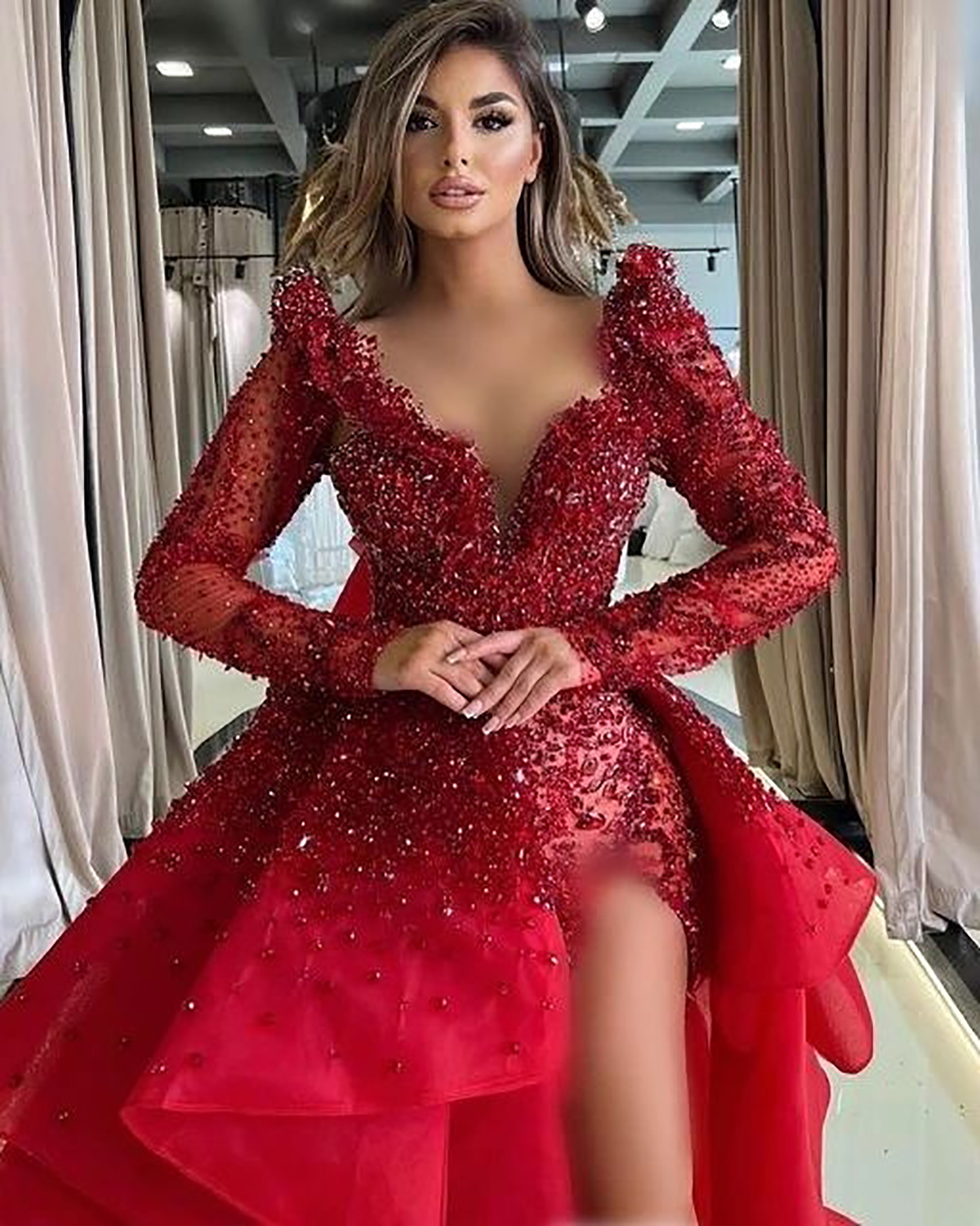 Attractive Mermaid Wedding Dresses V Neck Long Sleeves Appliques Beads Side Split Extra Custom Made Plus Size Bridal Gown Vestidos De Novia
