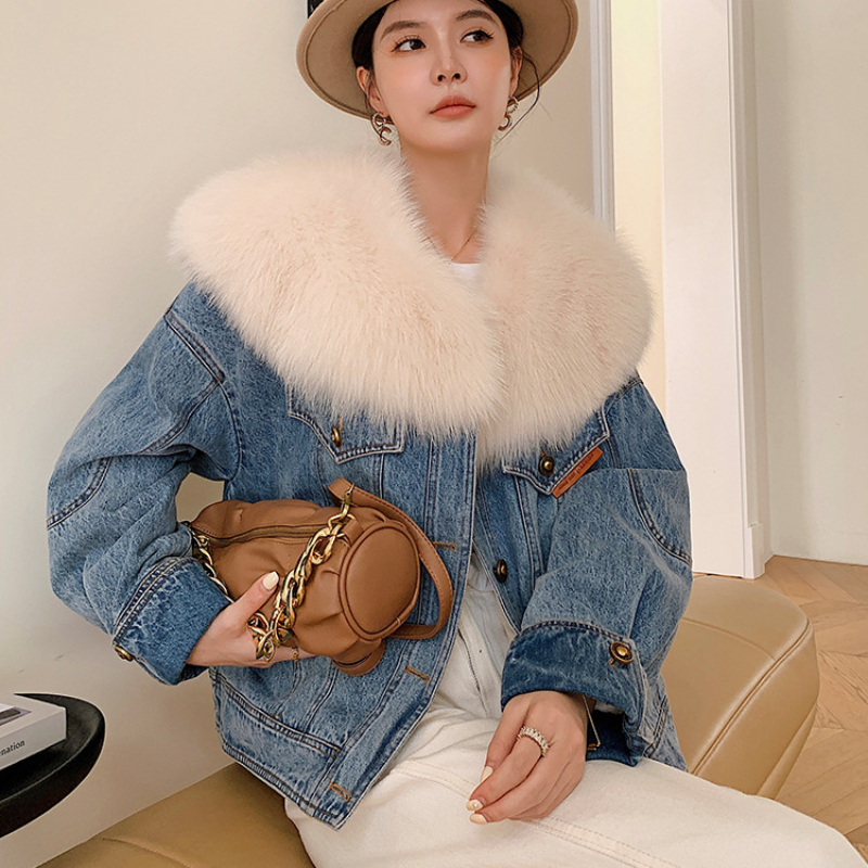 OC468M36 Winter Women's Down Jacket Denim Long Sleeved Jacket Fashionable Style of Fox Collar White Goose Down Fur