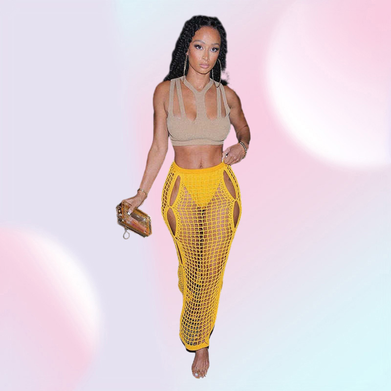 ANJAMANOR Sexy Crochet Knitted Long Skirts Summer Vacation Outfits Beach Club Wear Hollow Out Split Maxi Skirt Yellow D83DC17 Y08