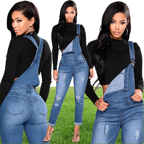 New Women Denim Overalls Ripped Stretch Dungarees High Waist Long Jeans Pencil Pants Rompers Jumpsuit Blue Jeans Jumpsuits j1