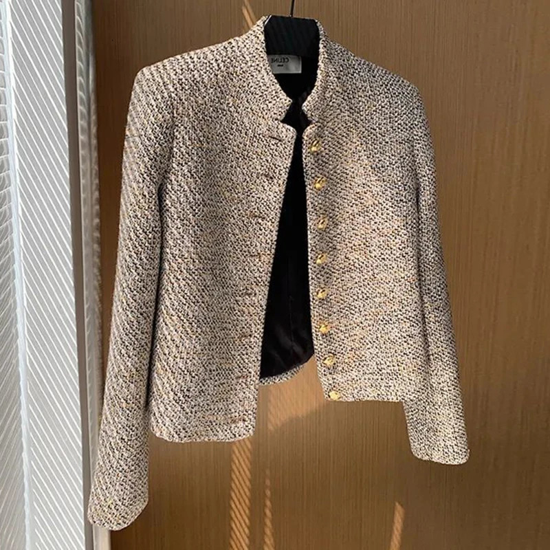 Tweed Korea High Quality Short tweed jacket woman Korean Clothes button chic elegant Winter clothing coat 240118